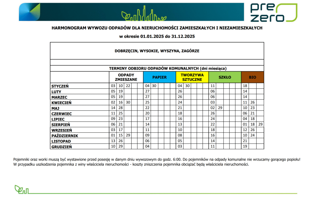 Harmonogram wywozu śmieci 2025