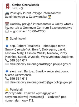 Policyjny Puny Przyjęć Interesantów Dzielnicowego w Czerwieńsku