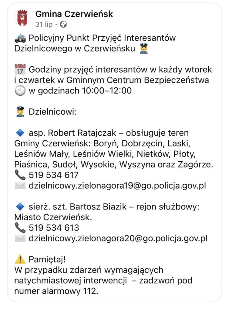 Policyjny Puny Przyjęć Interesantów Dzielnicowego w Czerwieńsku